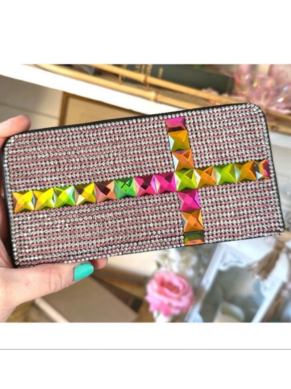 Stylish Pink women's wallet featuring vibrant multicolor Rhinestones